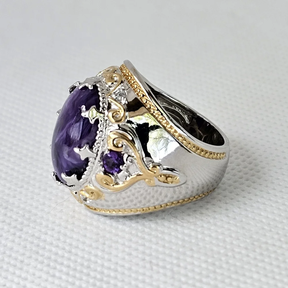 Genuine Charoite & Amethyst Ring Palladium Sterling Silver 18k YG Size 6.5! - Picture 4 of 9
